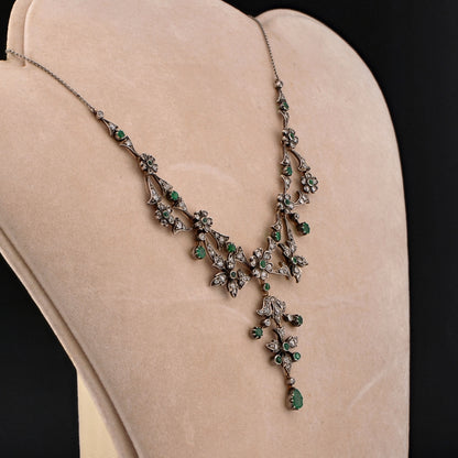 Victorian Antique Emerald and Diamond Floral Cluster Necklace in original antique fitted box
