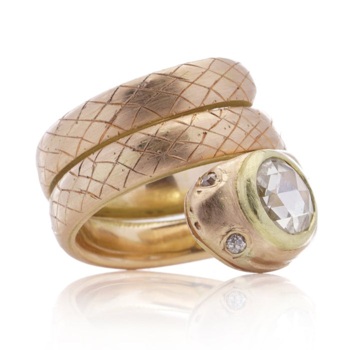 Antique 18ct Yellow Gold Coiled Snake Ring with 1.90ct Rose Cut Diamond