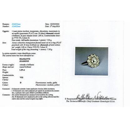 Late Art Deco Certified D VS 1.35ct Diamond Daisy Cluster Engagement Ring in Platinum, 3.19 carat total
