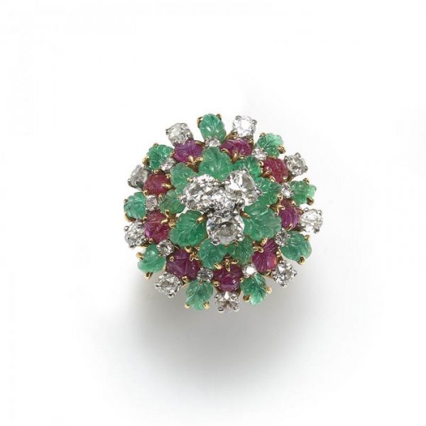 Vintage Multi Gem Tutti Frutti Domed Cluster Cocktail Ring, 4.50 carats, in 18ct yellow gold France, Circa 1955