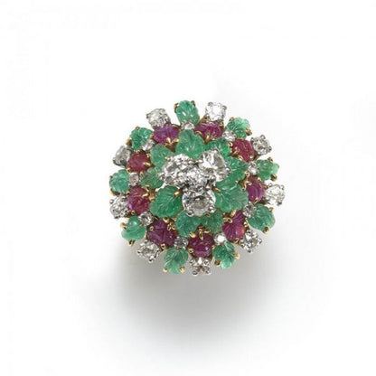 Vintage Multi Gem Tutti Frutti Domed Cluster Cocktail Ring, 4.50 carats, in 18ct yellow gold France, Circa 1955