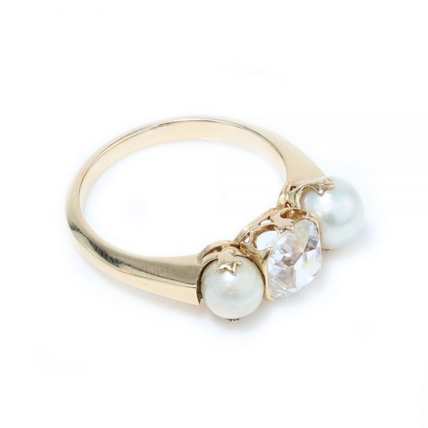 Antique Victorian Old Cushion Cut Diamond and Pearl Three Stone Ring