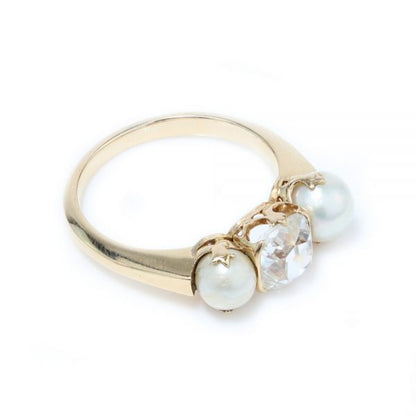 Antique Victorian Old Cushion Cut Diamond and Pearl Three Stone Ring