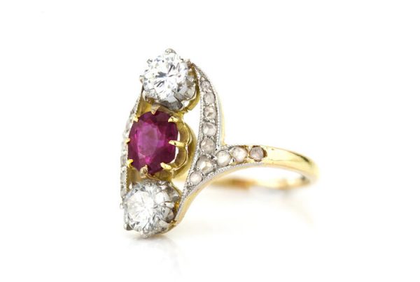 Vintage 1.30ct Natural Burma Ruby and Diamond Ring, rose-cut diamond halo, rose-cut diamond set shoulders, with GCS certificate. Circa 1960's