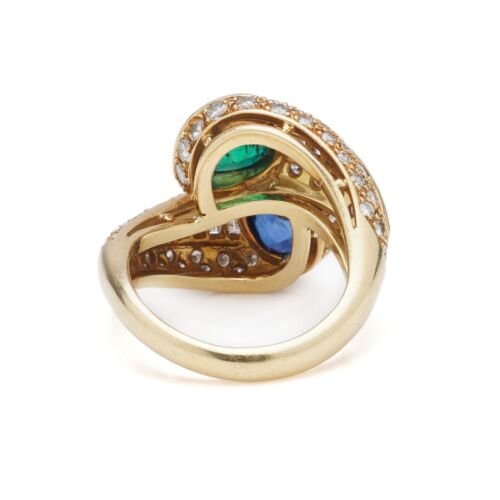 18ct yellow gold cross over ring 1.50ct pear emerald sapphire over 2 carats baguette brilliant diamonds