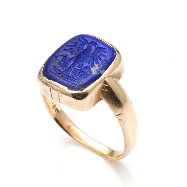 Antique 18ct Yellow Gold Signet Ring with Lapis Lazuli Bearing Heraldic Eagle and Latin Phrase