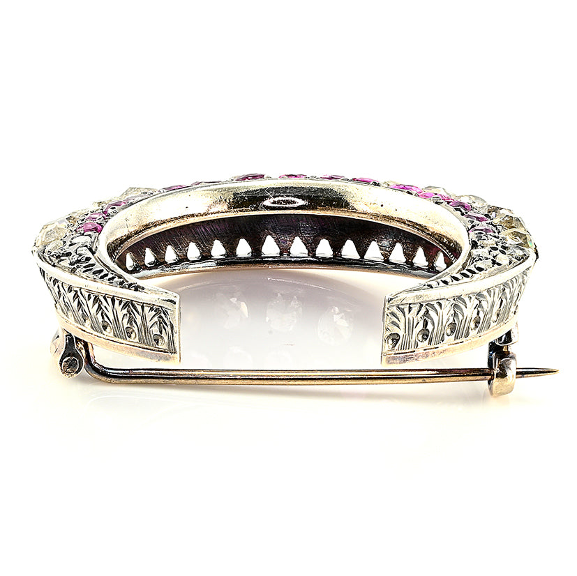 Victorian Antique 3.10ct Old Cut Diamond and Ruby Crescent Moon Brooch