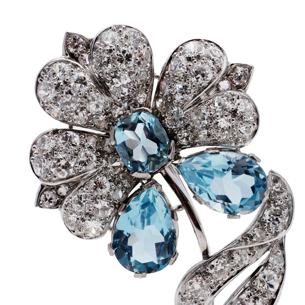Vintage 3.75ct Aquamarine and Diamond Flower Brooch