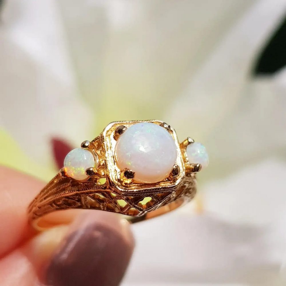 Opal Three Stone Filigree Ring in Yellow Gold
