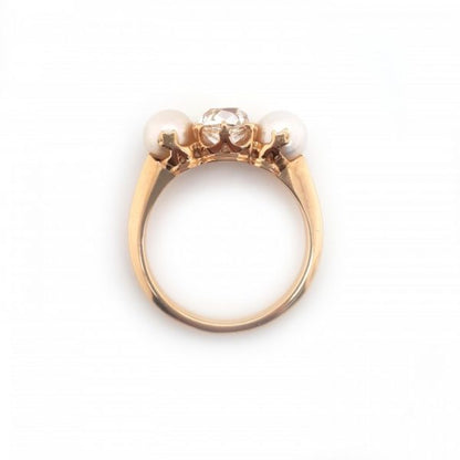 Antique Victorian Natural Pearl and Old Cut Diamond Three Stone Ring