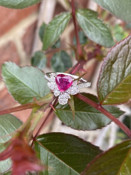 1.35ct Heart Shaped Burma Ruby and Diamond Cluster Dress Ring in Platinum