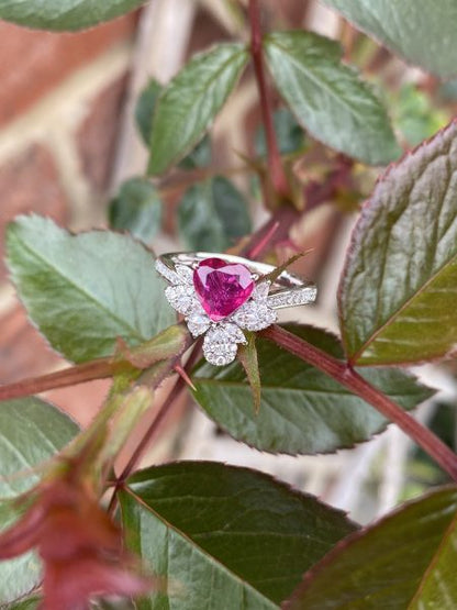 1.35ct Heart Shaped Burma Ruby and Diamond Cluster Dress Ring in Platinum