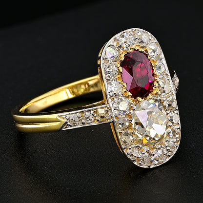 Edwardian Antique Natural No Heat Ruby and Old Mine Cut Diamond Two Stone Cluster Plaque Ring in Platinum and 18ct Yellow Gold