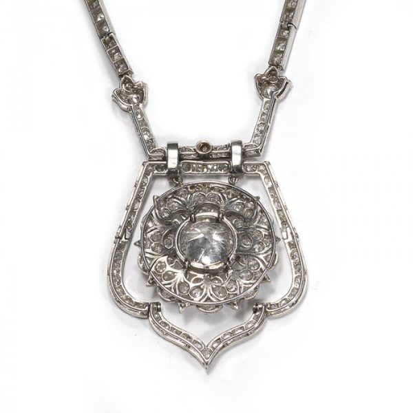Art Deco Diamond Necklace with Old Cut Cluster Pendant, 18.75 carats