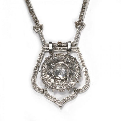 Art Deco Diamond Necklace with Old Cut Cluster Pendant, 18.75 carats