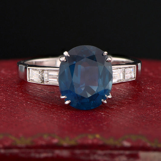 3.31ct Natural No Heat Sapphire Solitaire Engagement Ring with Baguette Diamond Shoulders