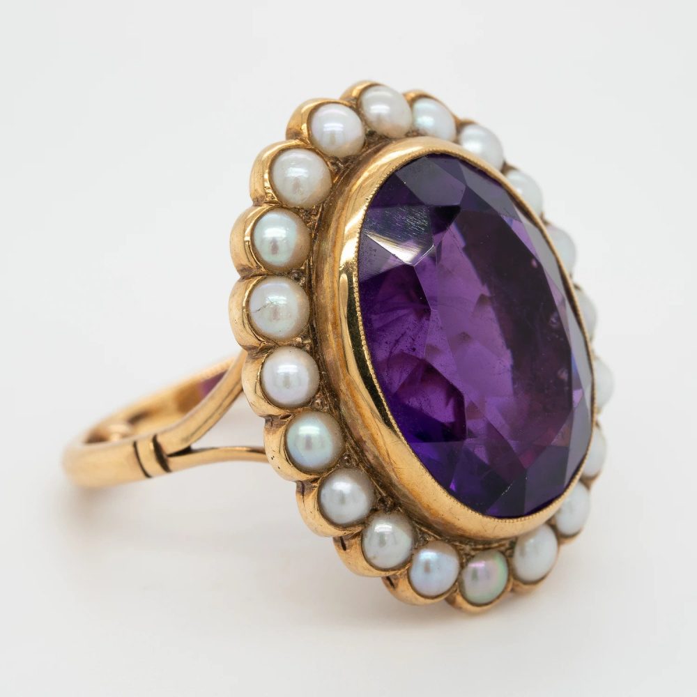 Vintage Large Oval Amethyst and Pearl Cluster Cocktail Ring in 15ct Gold