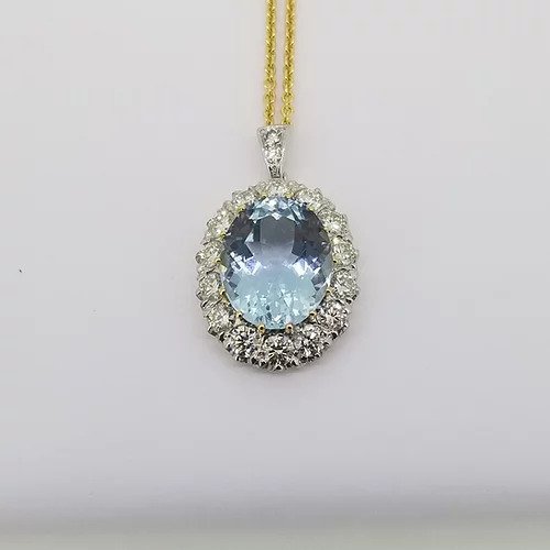 Aquamarine and Diamond Oval Cluster Pendant, 7.00 carats