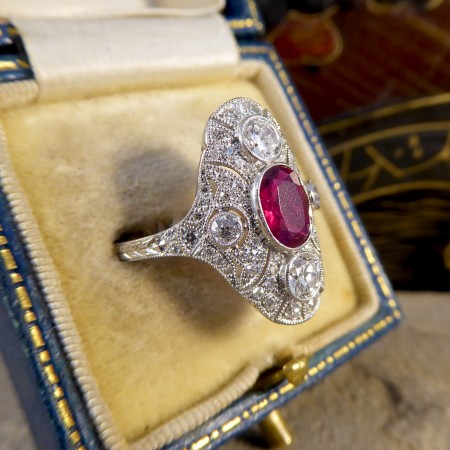 Art Deco Style Ruby and Diamond Navette Plaque Ring, 1.50cts, Platinum