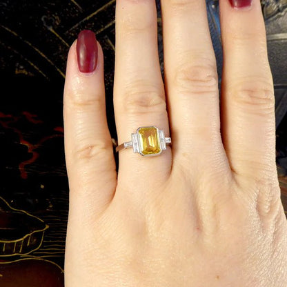 Art Deco Inspired 2.05ct Yellow Sapphire and Baguette Diamond Engagement Ring in Platinum