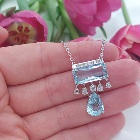 Stunning 9.95cts Baguette and Pear Aquamarine and Diamond Pendant