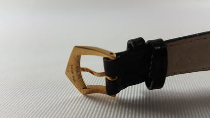 Patek Philippe 5014J Gondolo 18ct Yellow Gold 28mm Manual, black dial, Arabic numerals, small seconds sub-dial at 6, sapphire crystal, leather strap with 18ct yellow gold buckle, Circa 2003, with Original Papers