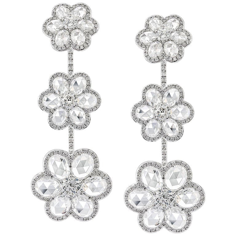 Rose Cut Diamond Floral Drop Earrings, 10.11 carats, 18ct White Gold