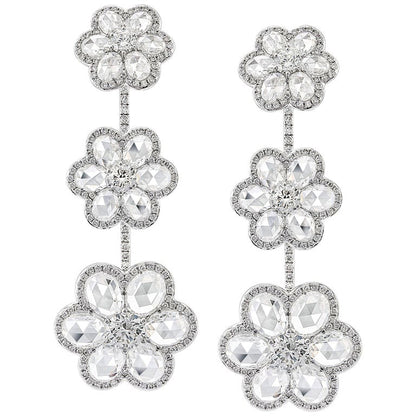 Rose Cut Diamond Floral Drop Earrings, 10.11 carats, 18ct White Gold