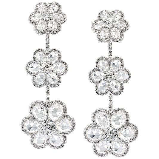 Rose Cut Diamond Floral Drop Earrings, 10.11 carats, 18ct White Gold