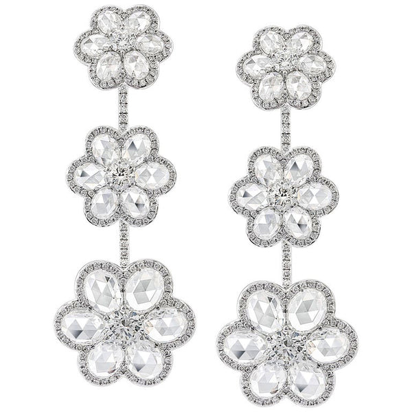 Rose Cut Diamond Floral Drop Earrings, 10.11 carats, 18ct White Gold