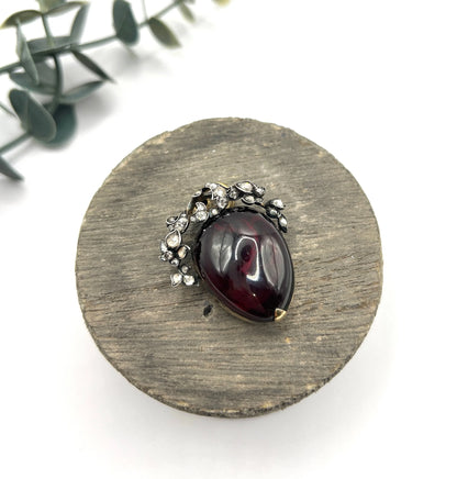 Early Victorian Antique Cabochon Garnet and Diamond Locket Pendant in Original Henry Tessier Box
