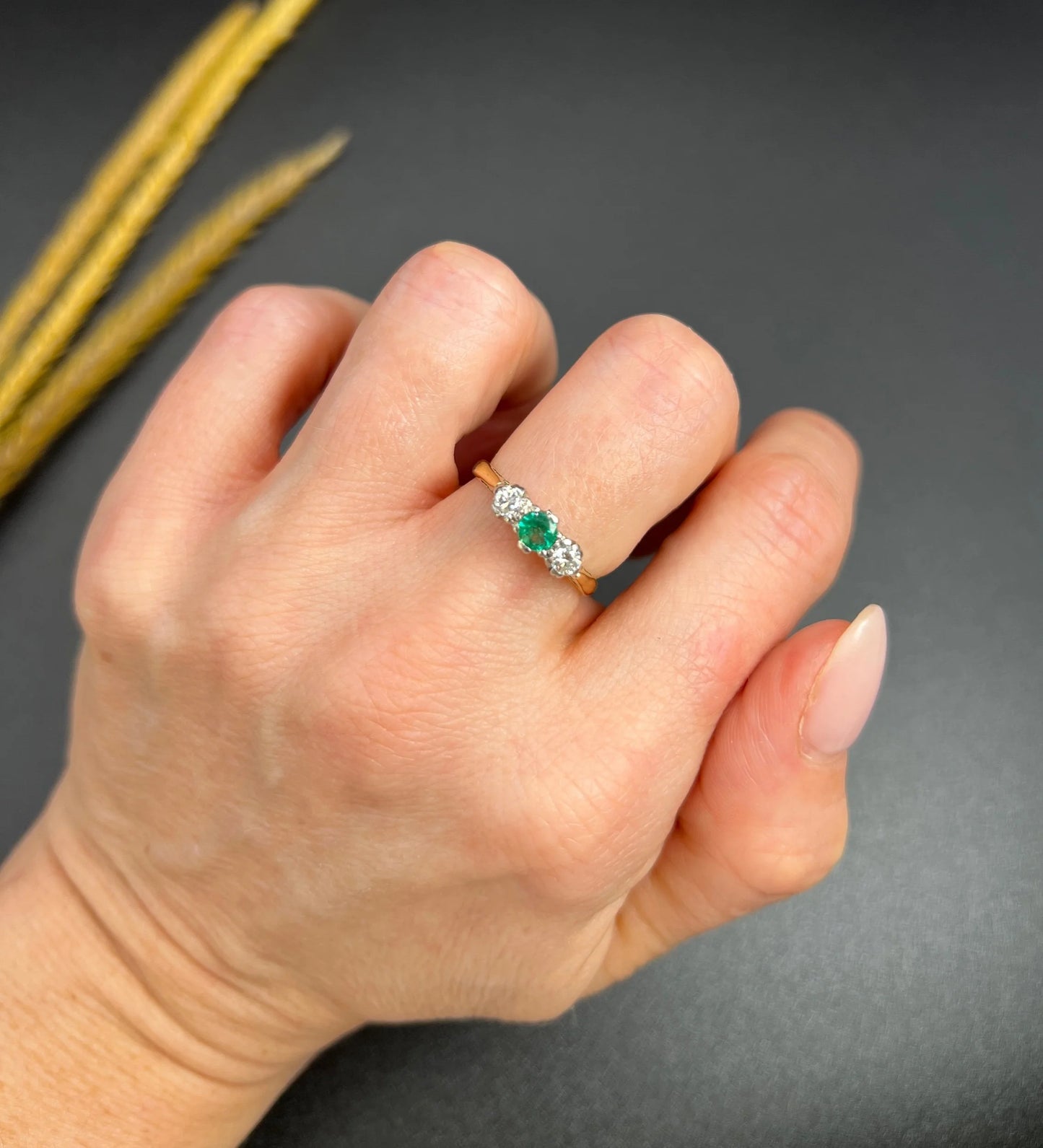 Vintage 18 ct Yellow Gold And Platinum 1950's 3 Stone Emerald And Diamond Trilogy Engagement Ring