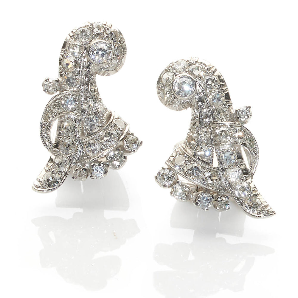Vintage Cornucopia Design Platinum And Diamond Clip Earrings