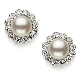 7.5mm Pearl and Diamond Cluster Earrings