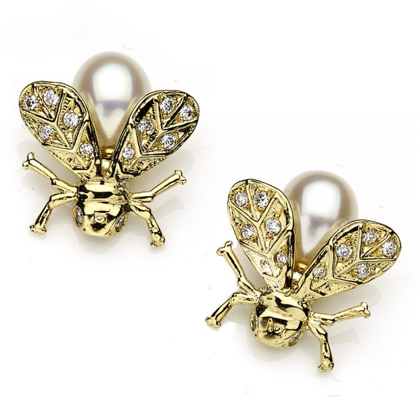 Pearl and Diamond Bee Earrings