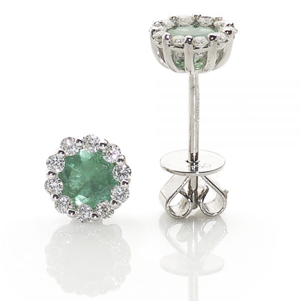 18ct White Gold Emerald & Diamond Cluster Earrings