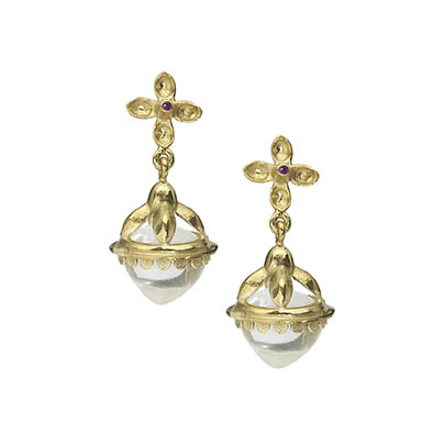 Ruby Topped Acorn Drop Earrings