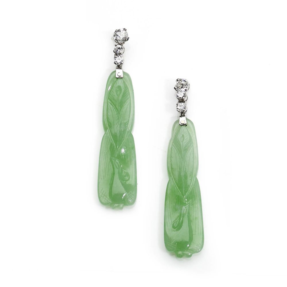 Vintage Diamond Topped Carved Jade Pendant Earrings
