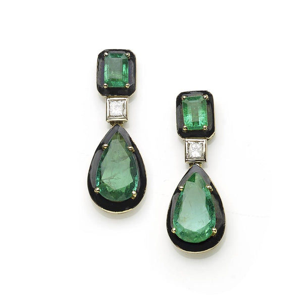 Emerald, Diamond and Black Enamel Pendant Earrings