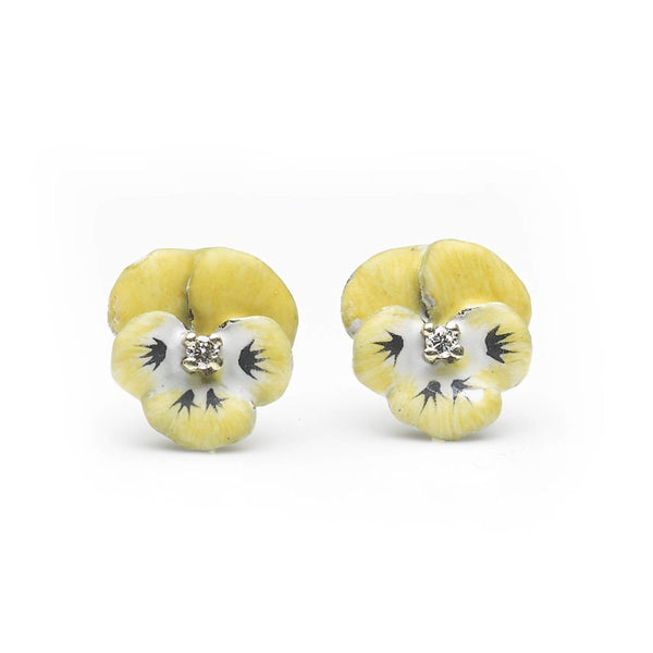 Yellow and Black Enamel Diamond Pansy Flower Earrings