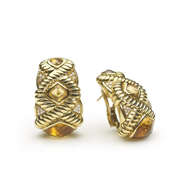 Citrine and Diamond Set Gold Earrings