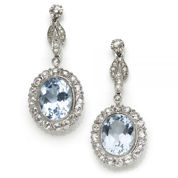 Vintage 15ct Aquamarine and Diamond Cluster Drop Earrings
