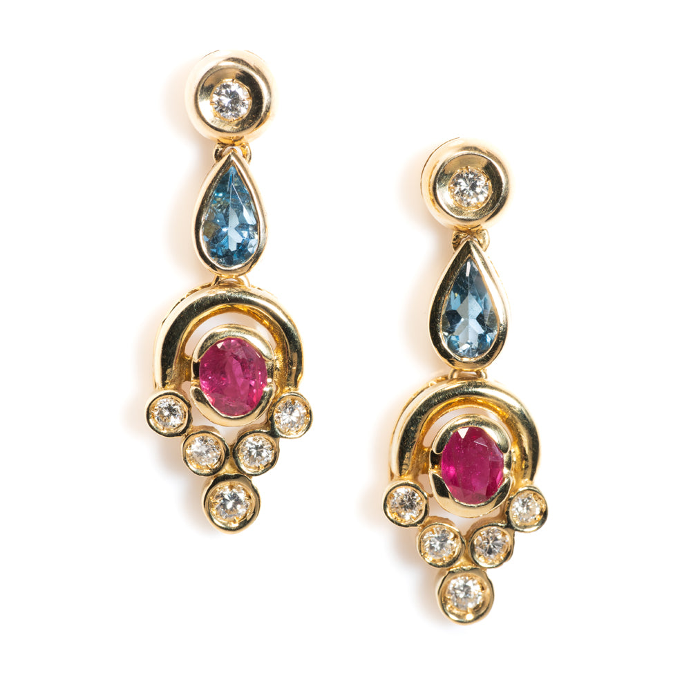 Aquamarine Ruby and Diamond Drop Earrings