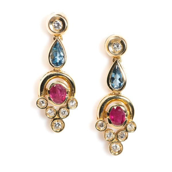 Aquamarine Ruby and Diamond Drop Earrings