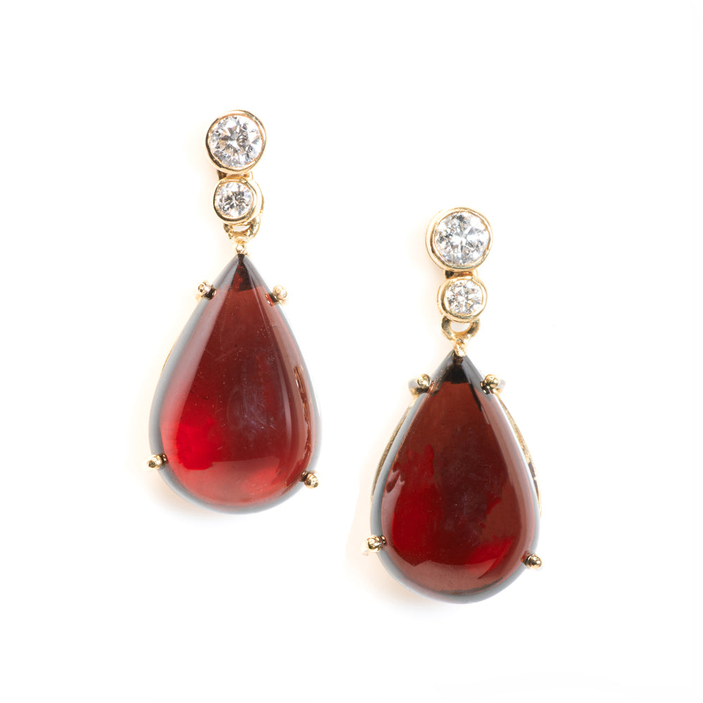 Diamond Topped Pear Cabochon Garnet Drop Earrings
