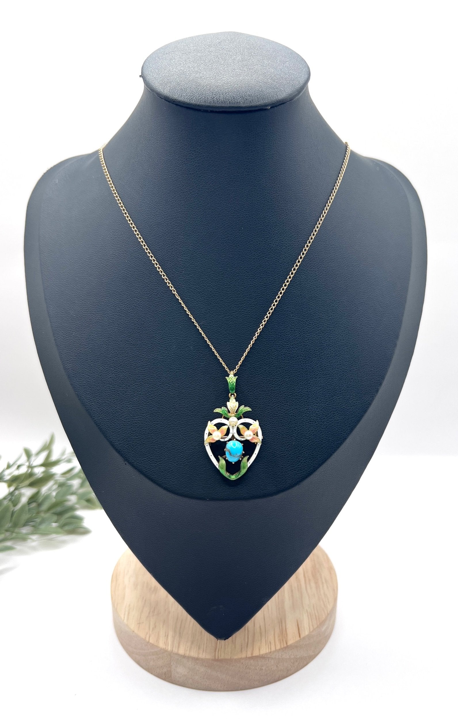 Antique 15ct Gold Heart Pendant/Brooch: Victorian Enamel, Turquoise, Seed Pearls