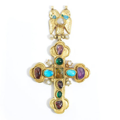 17th Century Antique Italian Multi Gemstone Gold Cross Pendant, 21ct yellow gold and enamel pendant cross adorned with emerald, amethyst, citrine, turquoise, pearl and amber with double-headed eagle bale, Circa 1670s