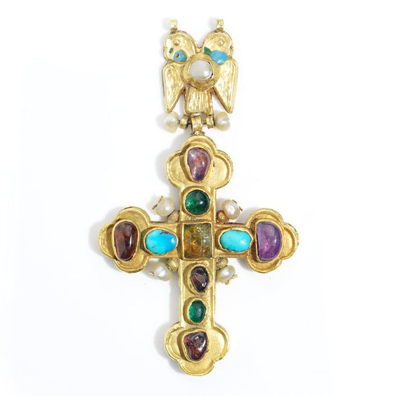 17th Century Antique Italian Multi Gemstone Gold Cross Pendant, 21ct yellow gold and enamel pendant cross adorned with emerald, amethyst, citrine, turquoise, pearl and amber with double-headed eagle bale, Circa 1670s