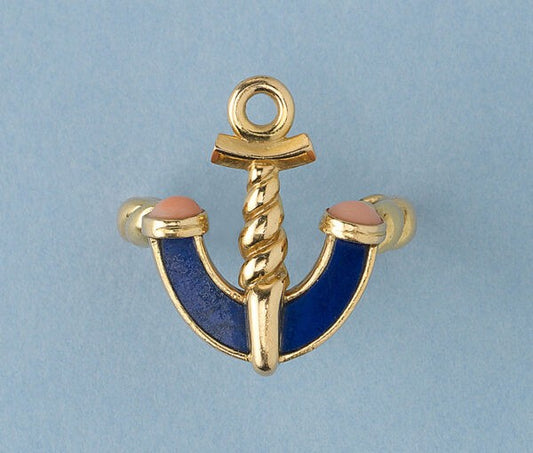 Vintage Gold Anchor Ring with Coral and Lapis Lazuli, Signed Fred of Paris; 18ct yellow gold ring in the shape of an anchor, inlaid with lapis lazuli accented with cabochon coral, twisted gold wire rope shank, Circa 1970