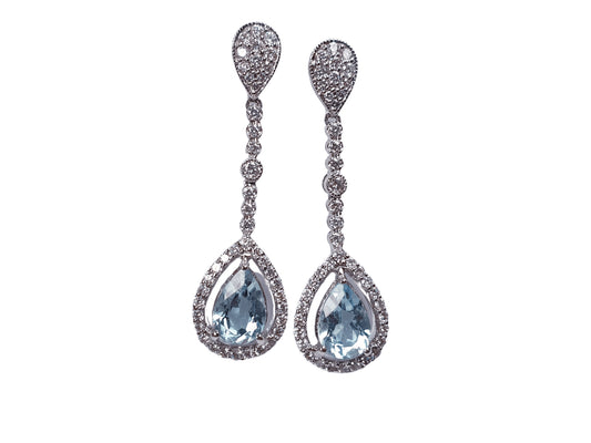 Pear Cut Aquamarine and Diamond Cluster Drop Earrings, 2.00 carats